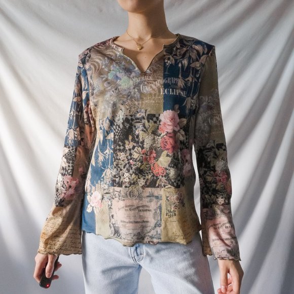 y2k boho fairy patchwork faux suede flare sleeve blouse top by one world - Picture 2 of 9